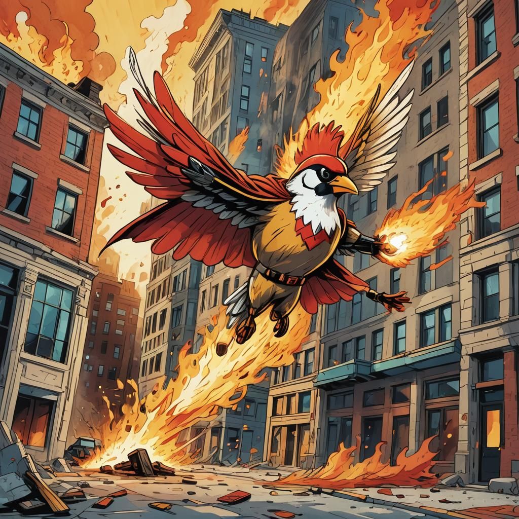 Clumsy Superhero Bird Saves Burning Building