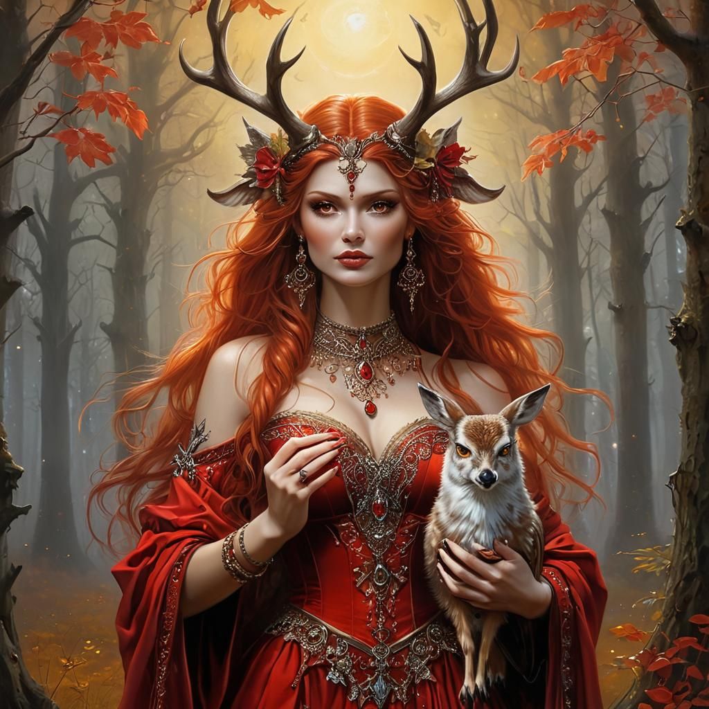 Fantasy Woman with Deer Antlers, Oil Painting
