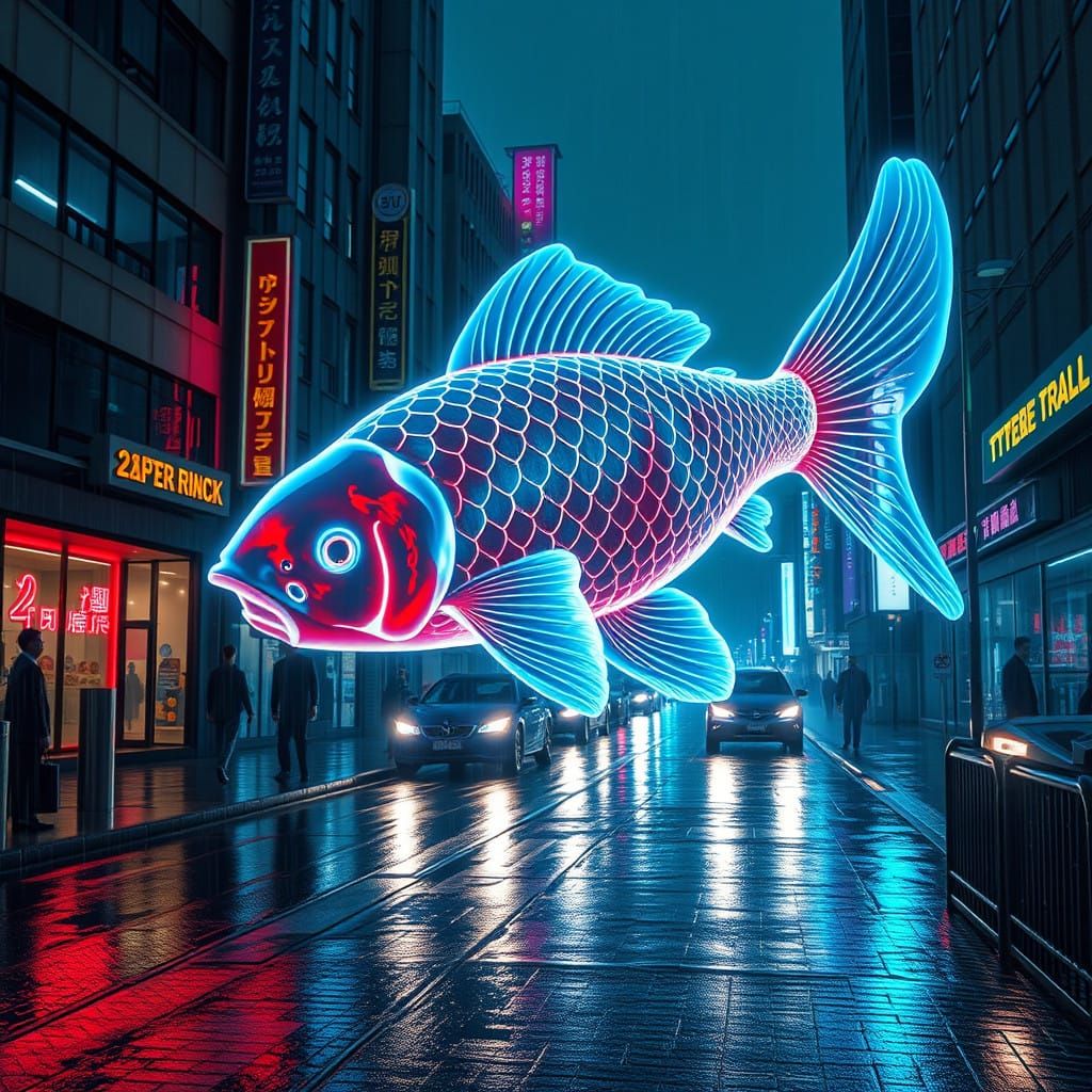 A cyberpunk street scene where a life-size holographic koi f...