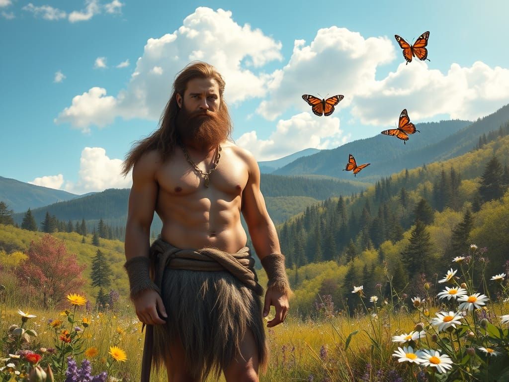 Hyperrealistic Paleolithic Hunter in Spring Forest