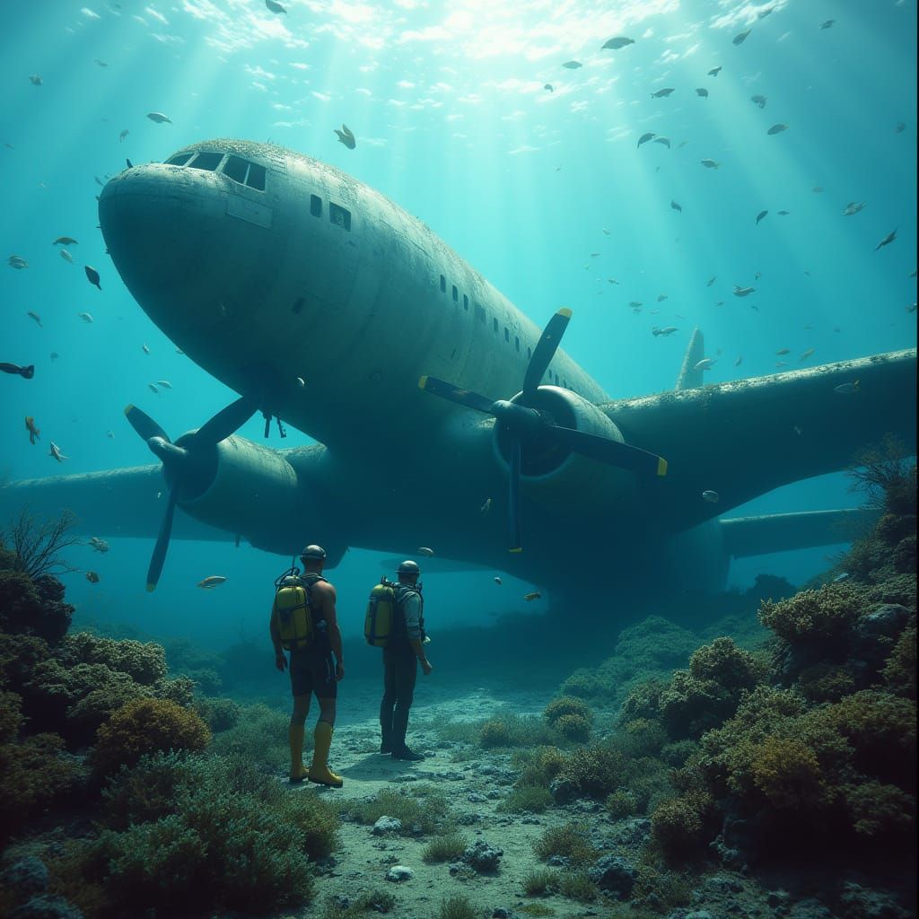 Submerged Aviation Wreck in a Glimmering Oceanic Landscape