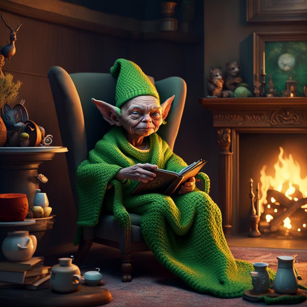 Green Goblin Grandma Crocheting by Fireplace