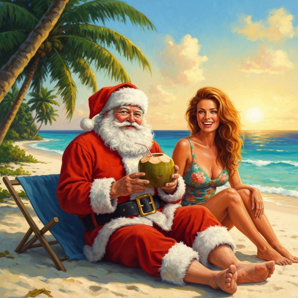 Jolly Santa and Wife Enjoy Tropical Beach Vacation