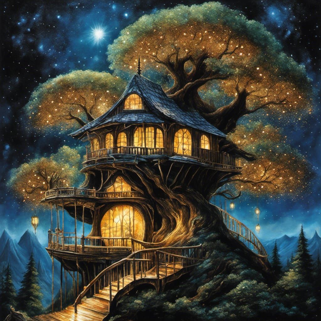 Luminescent Treehouse in a Stardust Night, Watercolor Style