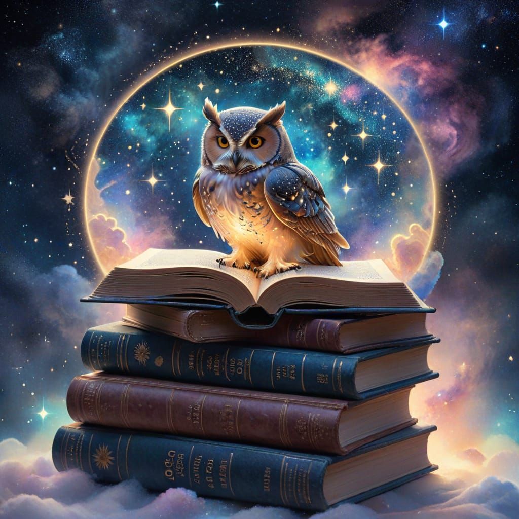 Celestial Library Shines with Ancient Tomes and a Wise Owl