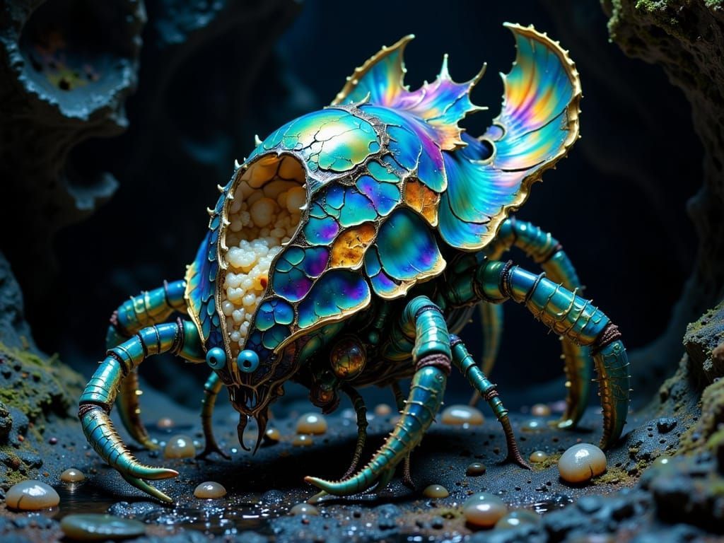 Bioluminescent Lobster Creature in Hyperrealistic Grotto