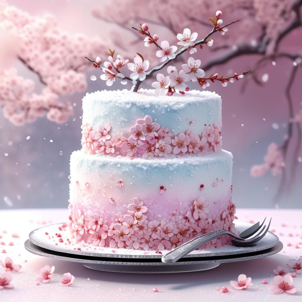 Snowy Cherry Blossom Cake in Anime Style