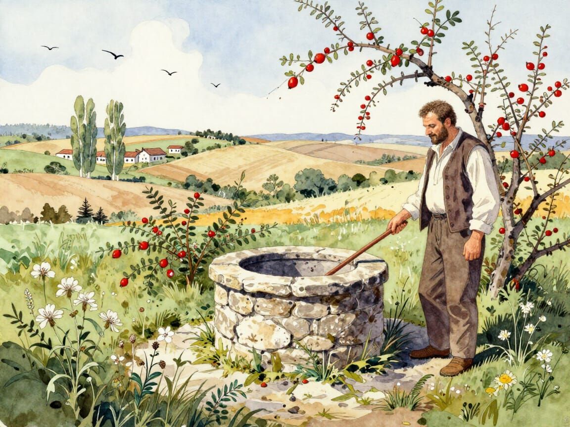 Bulgarian Countryside Well in Watercolor and Alcohol Ink