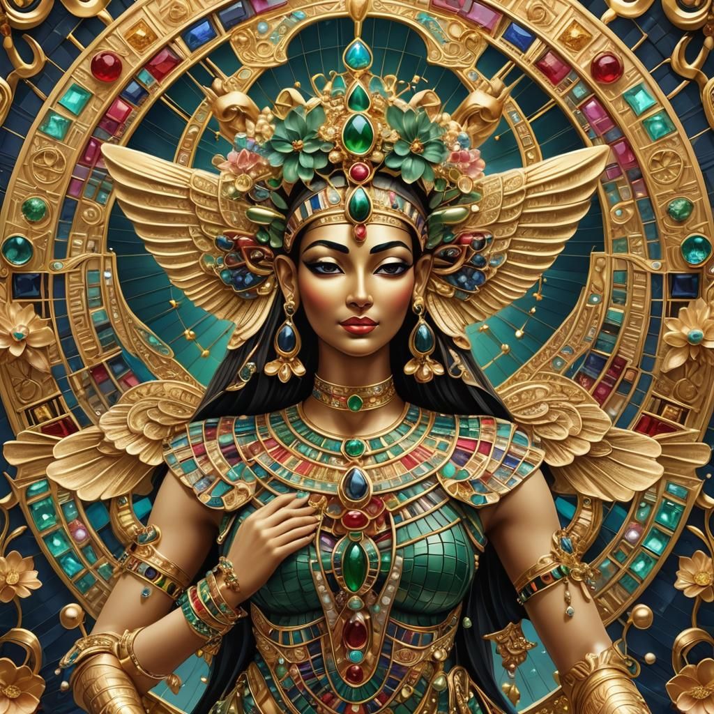 Winged Egyptian Goddess in Gold and Precious Stones