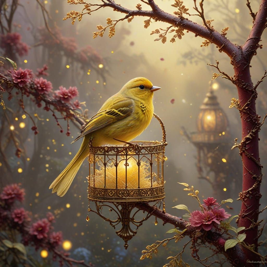 Lace Songbird in Golden Cage, Ethereal Mist
