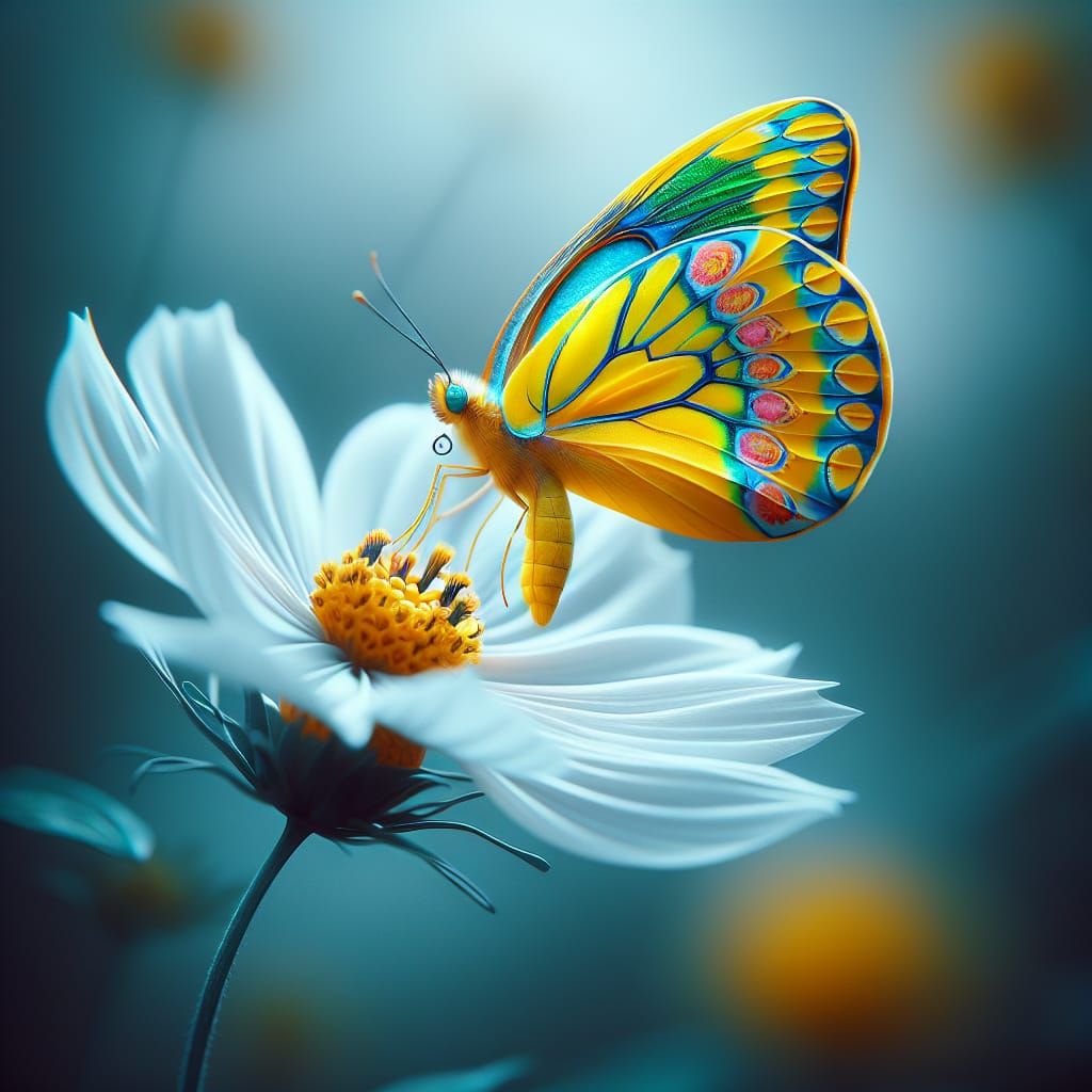 Yellow Butterfly Perched on White Flower