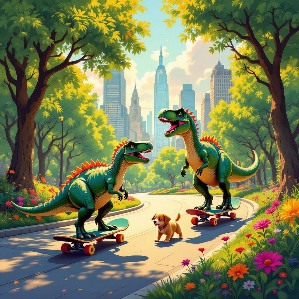 Dinosaurs Skateboarding in a Surreal Park Scene