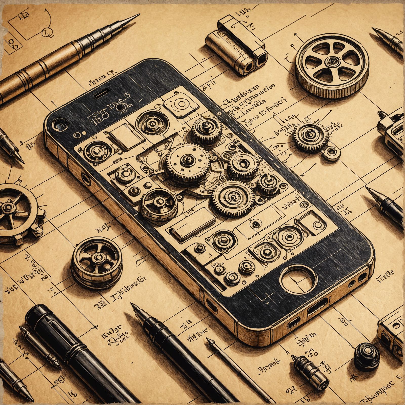 Smartphone Technical Sketch in Renaissance Style