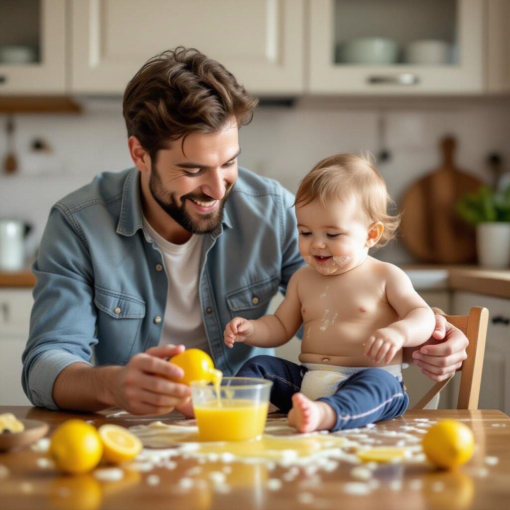 Playful Dad and Baby in Messy Kitchen