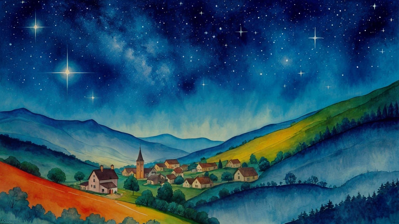 Serene Village Under Starry Sky: Watercolor Painting