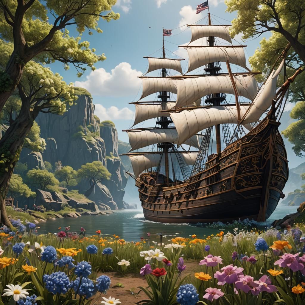 Mayflower Arrival: Detailed Matte Painting with Flowers