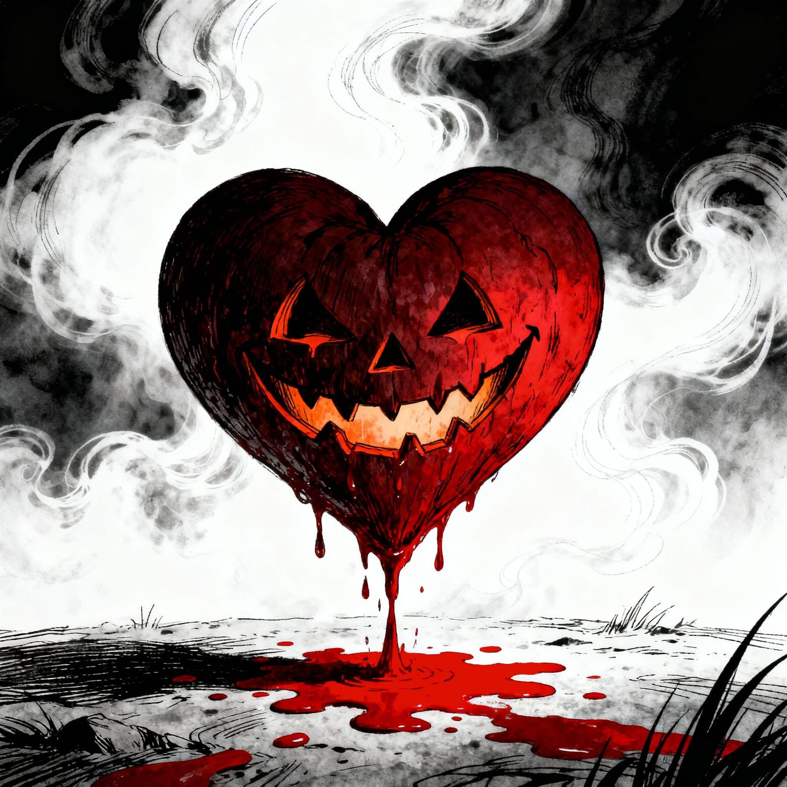 Gothic Heart with Jack-o'-Lantern Face Bleeds Ethereally
