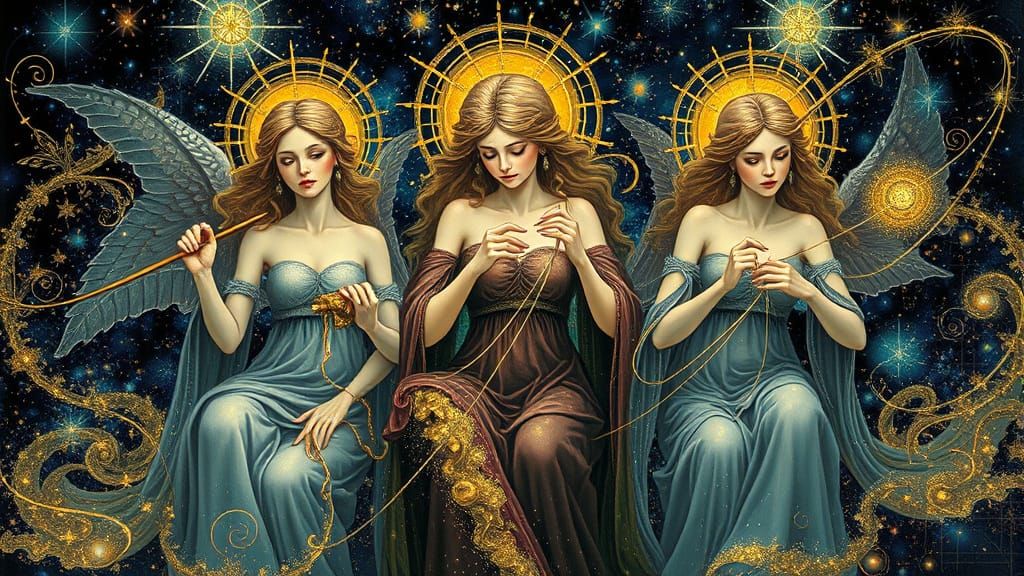 The Three Fates Weaving Life's Tapestry in Cosmic Fantasy