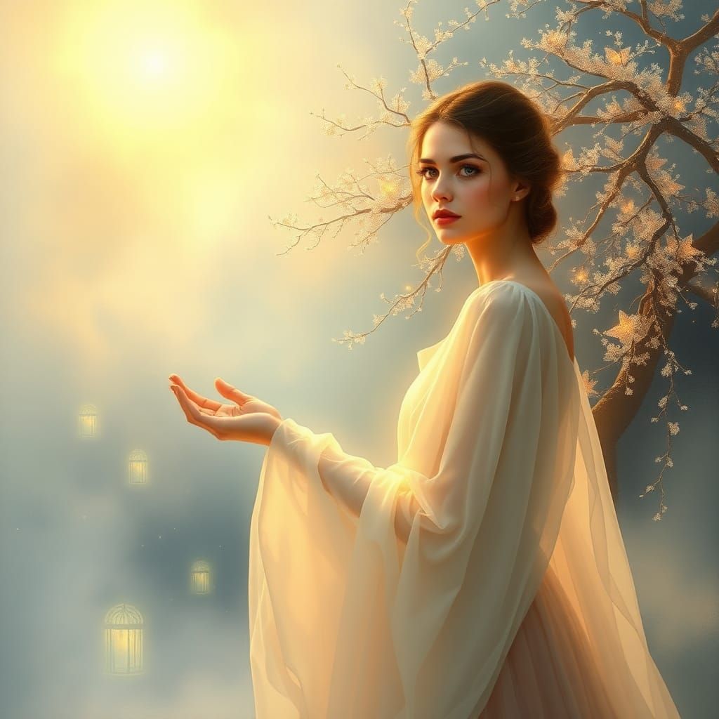 Mystical Maiden Beckons Hidden Realm in Gouache