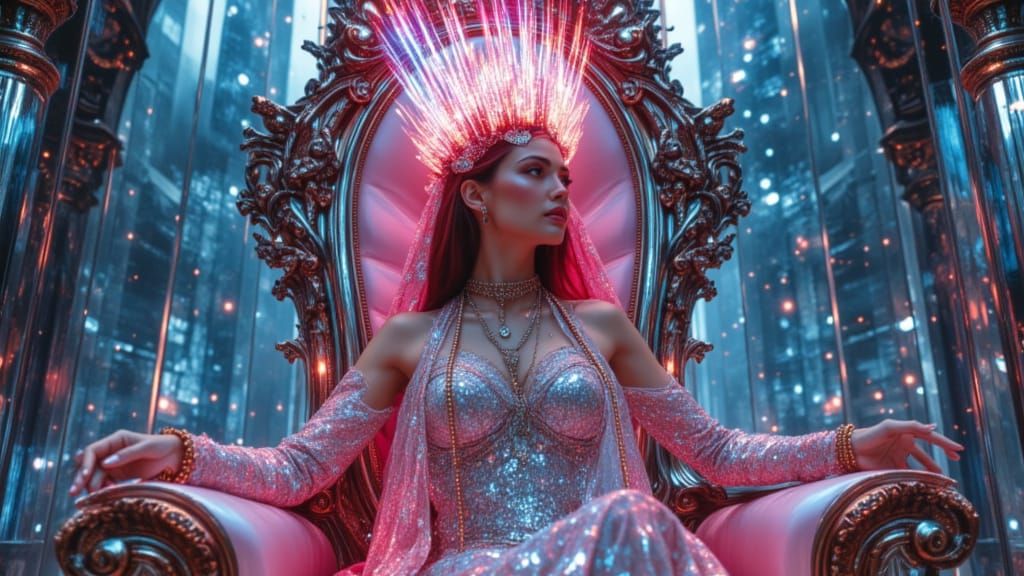 Futuristic Empress with Energy Crown in Neon City