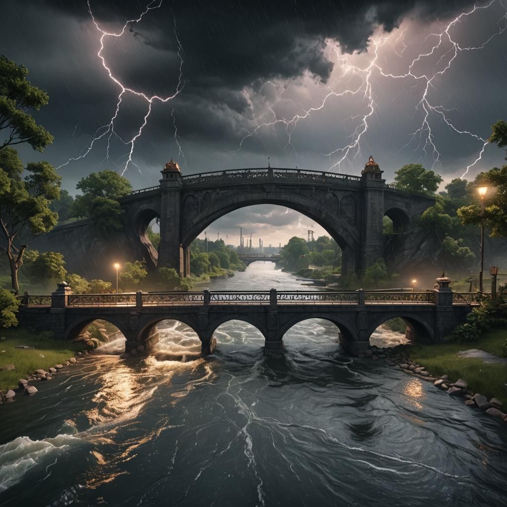 Bridge View During Thunderstorm: Detailed Matte Painting