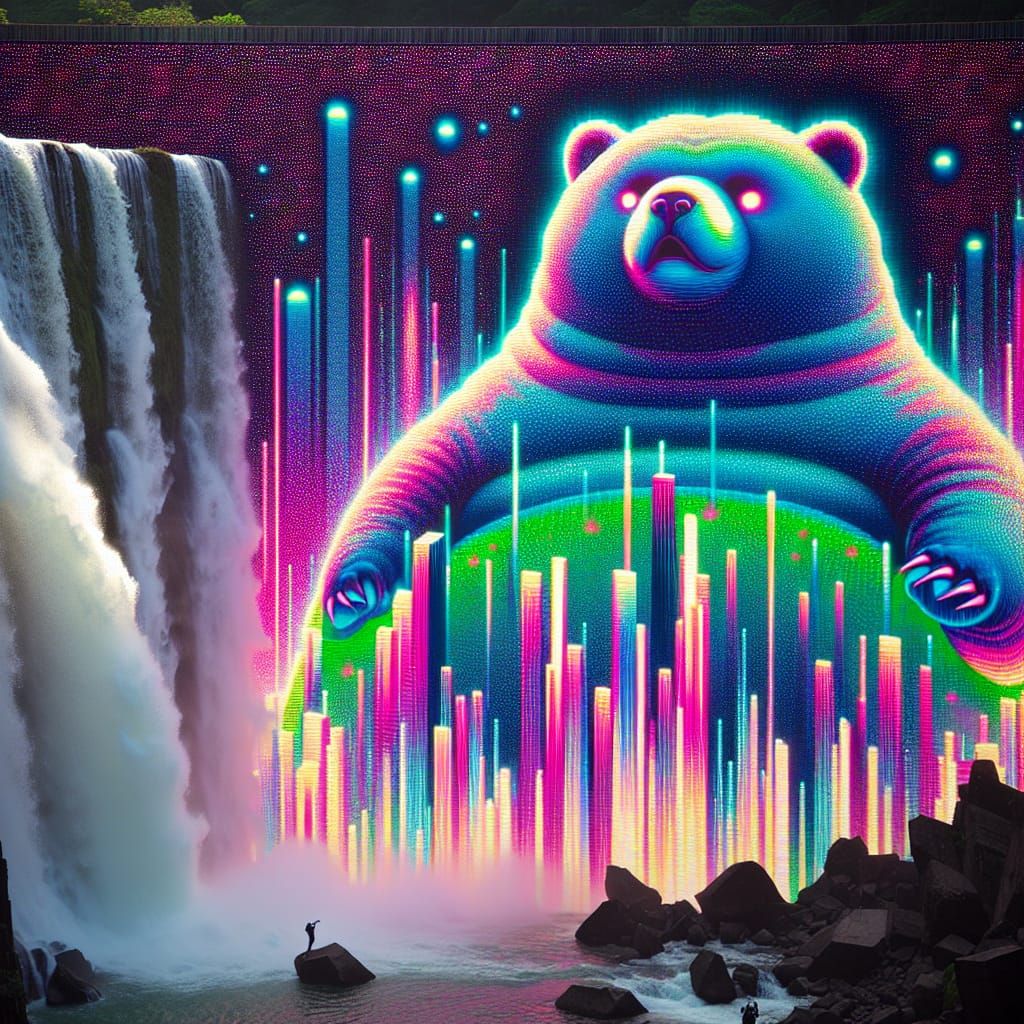 Surreal Holographic Bear Steps Out of Waterfall in Psychedel...
