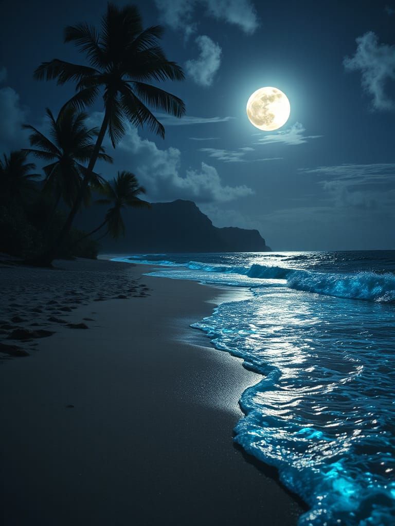 Bioluminescent Waves on Moonlit Beach, Cinematic Style