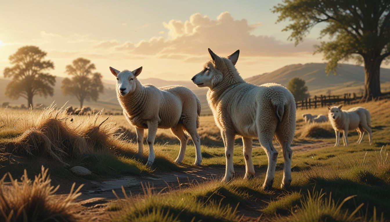 Lamb Watches Wolf in Golden Hour Landscape