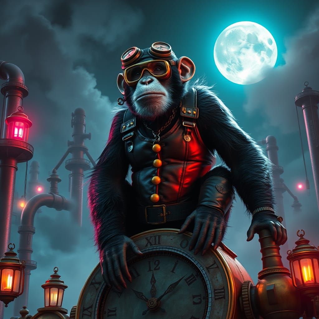 Steampunk Chimpanzee in Cyberpunk Dreamscape