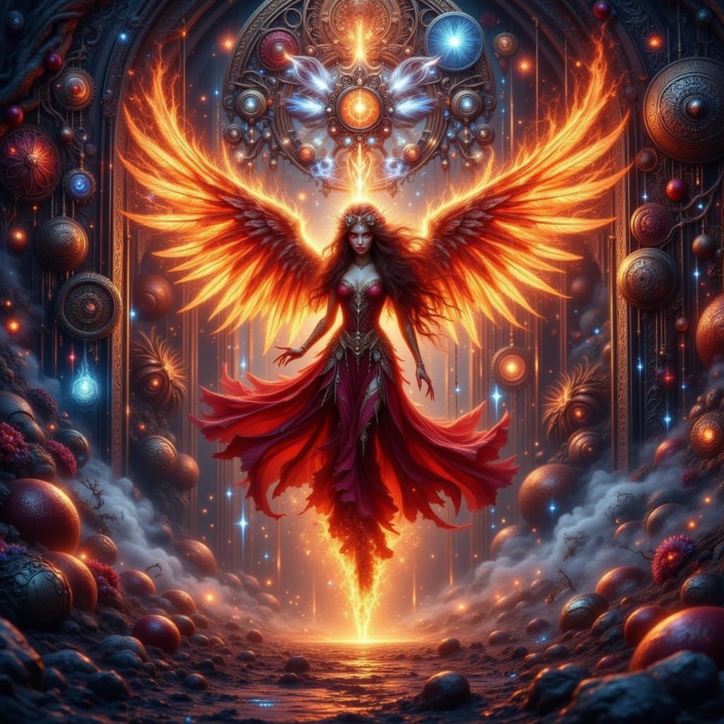 Flame Angel Ascends in Mystical Clockwork Elevator