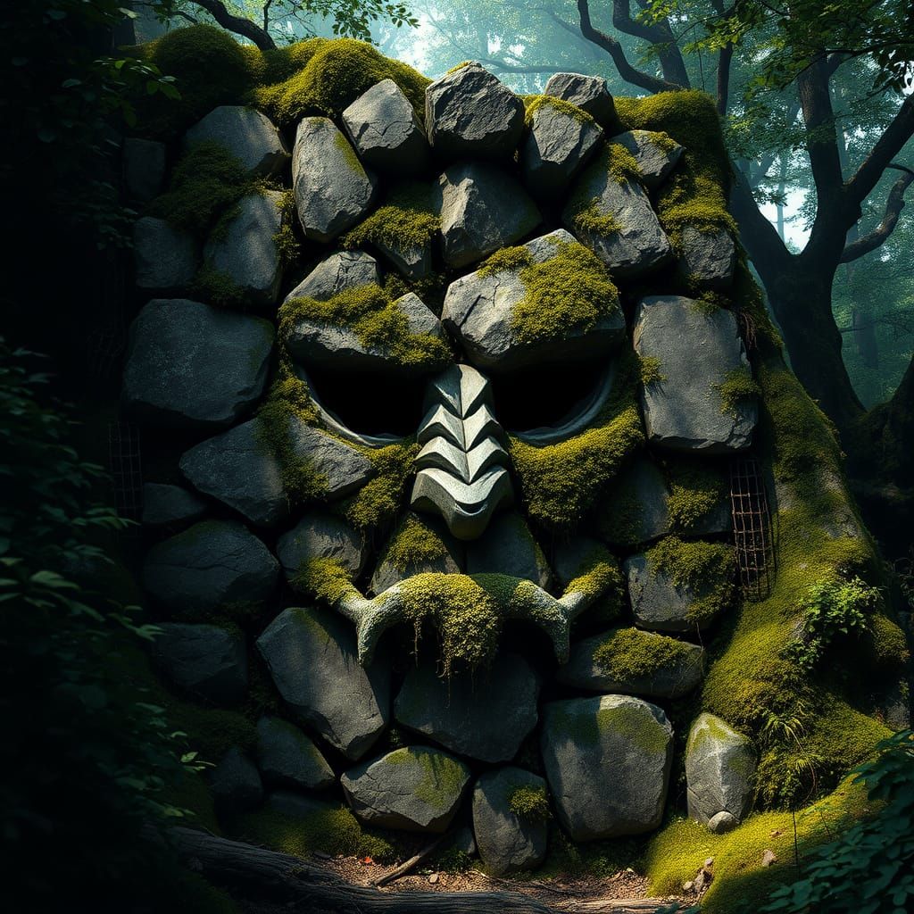 Ancient Forest Face in Moss-Covered Stone Wall, Fantasy Conc...