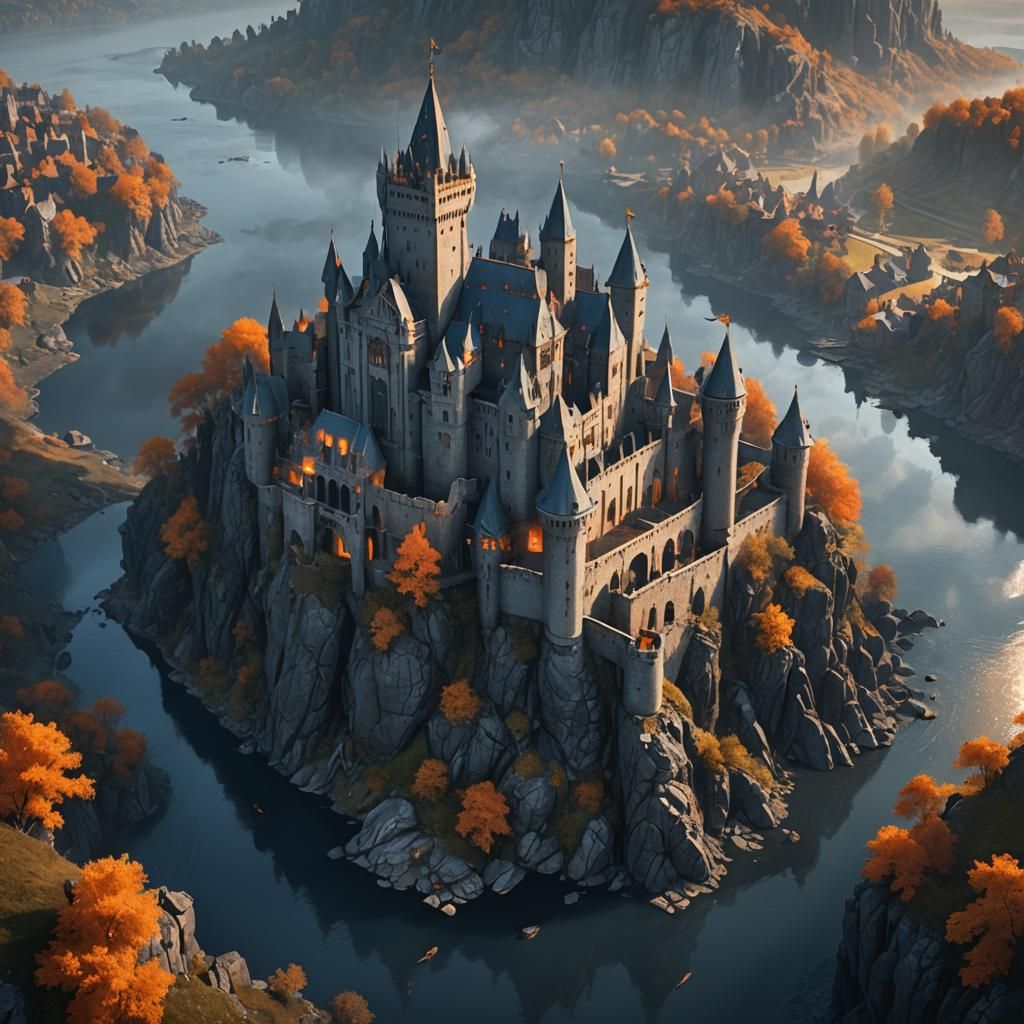 Dramatic Medieval Castle Overlooking Misty Lake