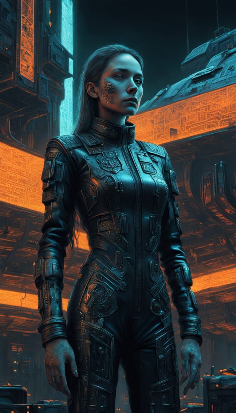 Futuristic Woman in Cyberpunk Space Ship