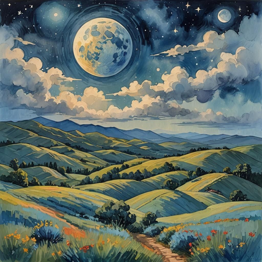 Moonrise in Impressionist Gouache Style