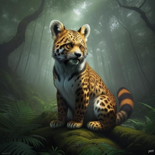 Leopard and Red Panda Hybrid in Fantasy Forest