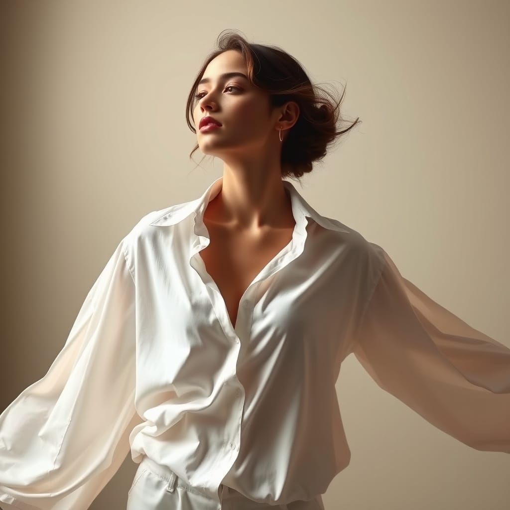 Elegant Woman in Flowing Shirt, Art Nouveau Style