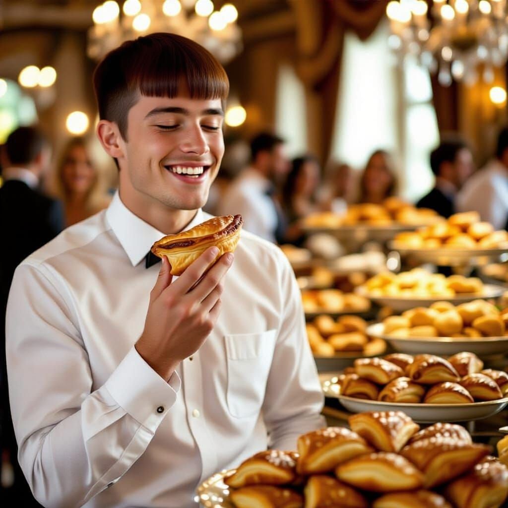 Young Man Ecstatically Eats Turnover at Party