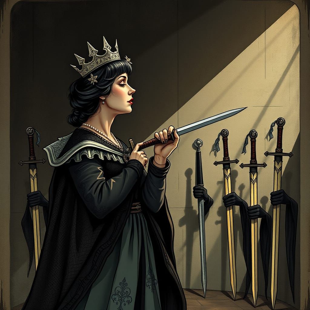 Queen of Swords as Tim Burton Character Swallowing Sword