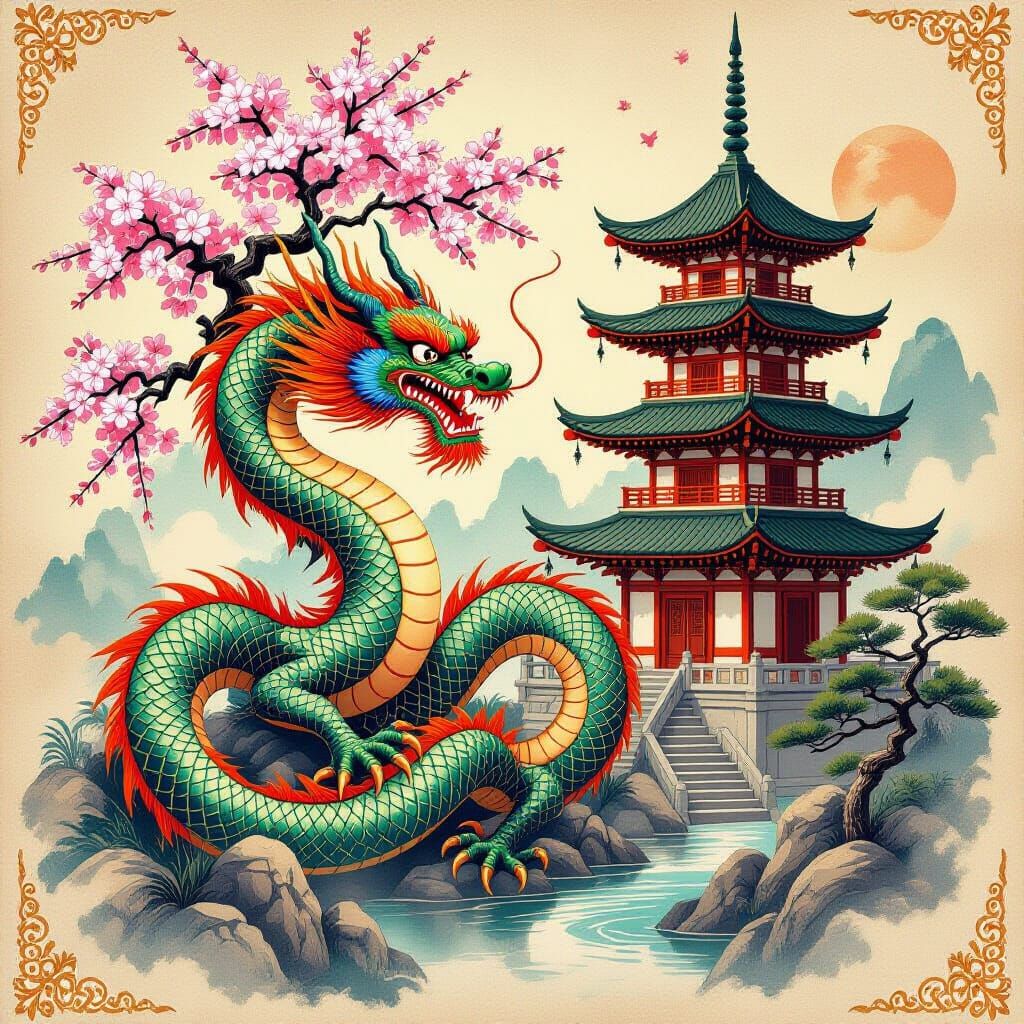 Sinister Asian Dragon in Kano-ha Style