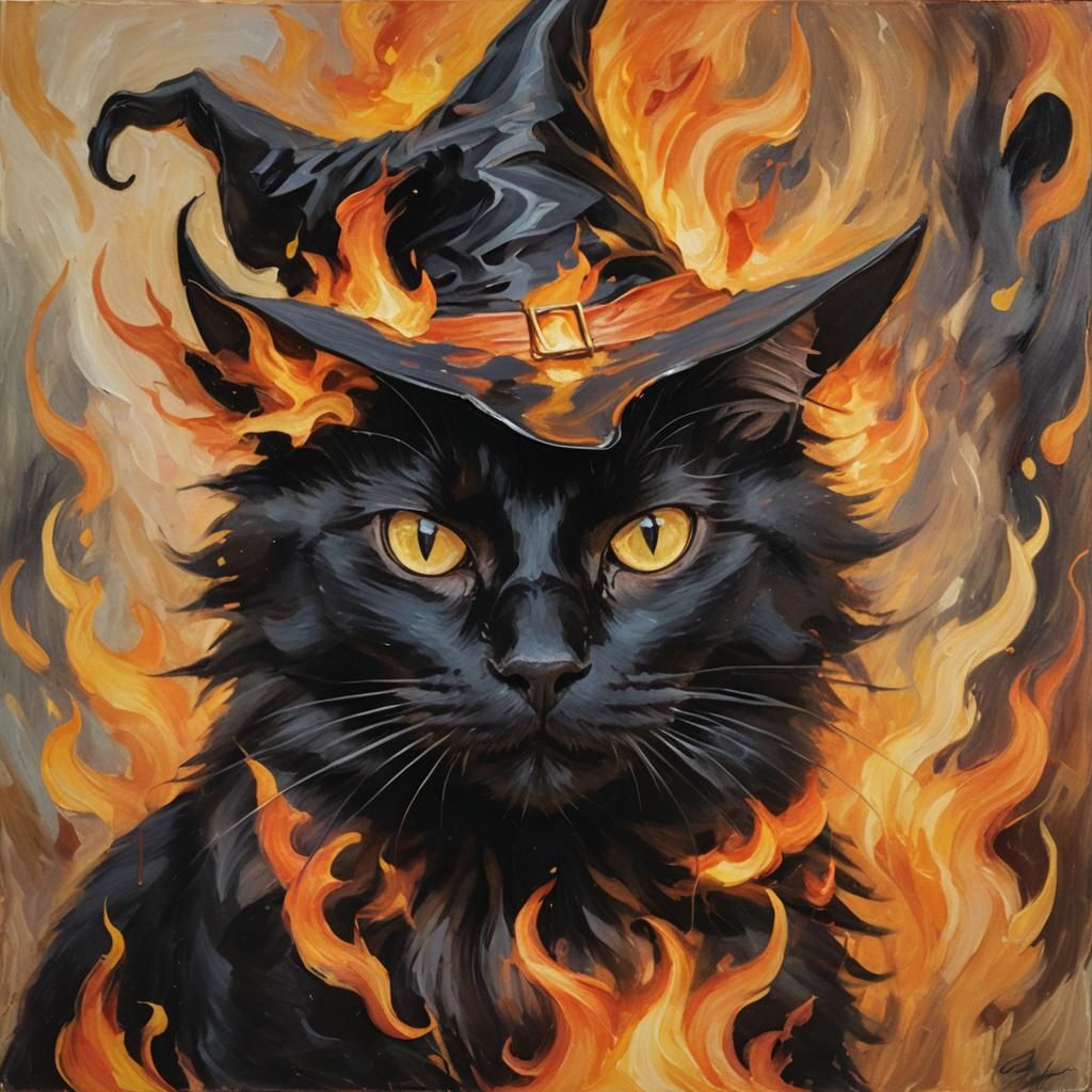 Whimsical Black Cat in Flames: An Impressionistic Portrait