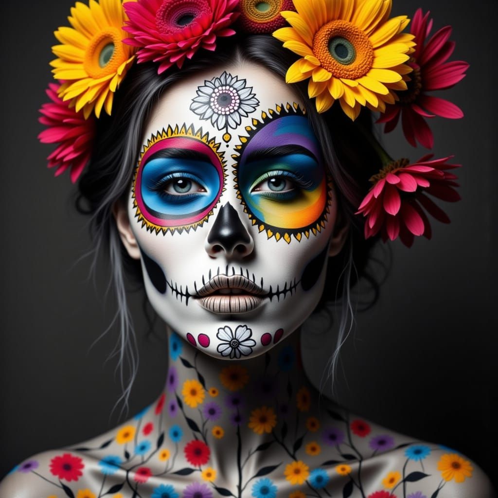 Día de los Muertos Portrait with Vibrant Face Paint and Flow...