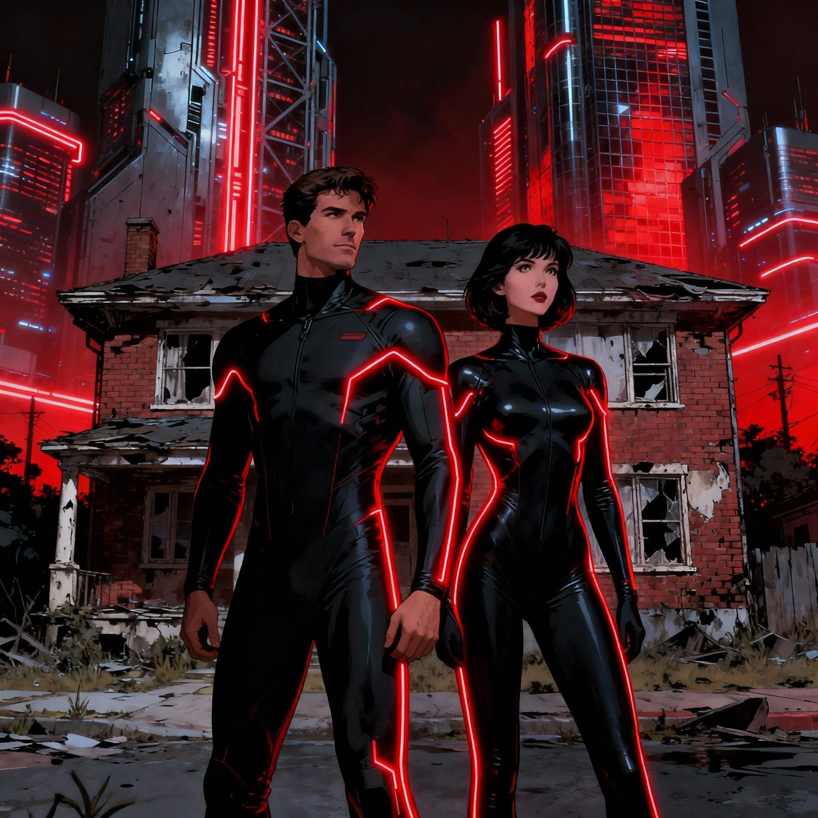 Cyberpunk Couple Admire Neon-Lit Ruined 1950s House