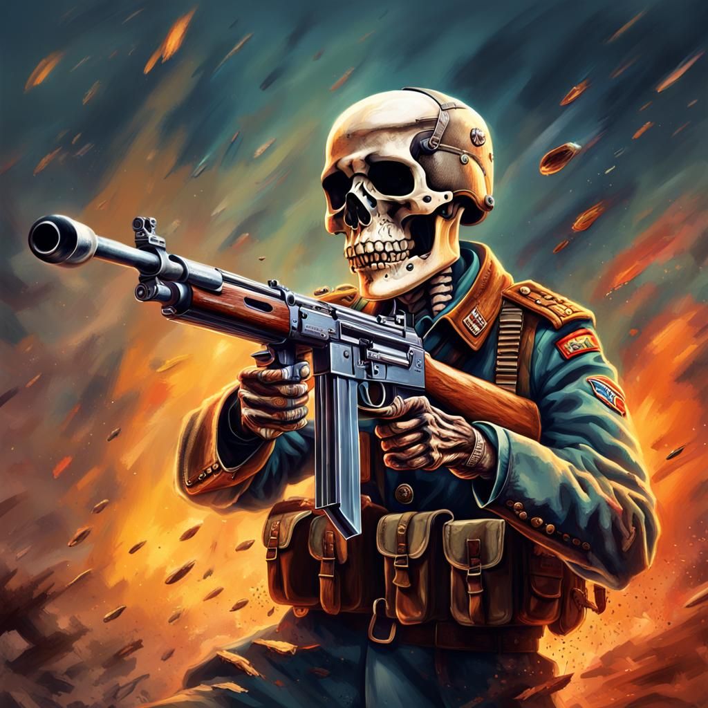 WW2 General Skeleton Shooting MP40: Hyperrealistic Splash Ar...