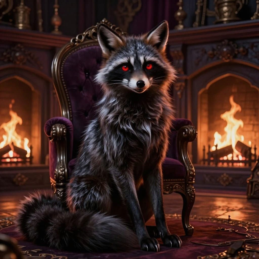 Gothic Hybrid Fox-Raccoon in Dark Room