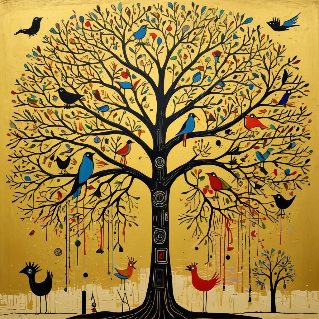 Vibrant Tree in Luminous Gold: A Basquiat-Inspired Masterpie...