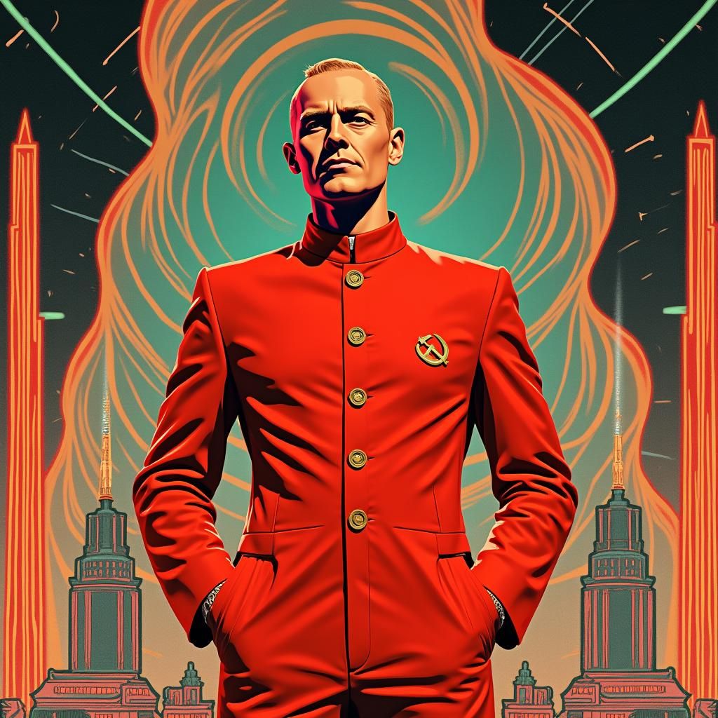 Neon Soviet Industrialist in Geometric Cityscape