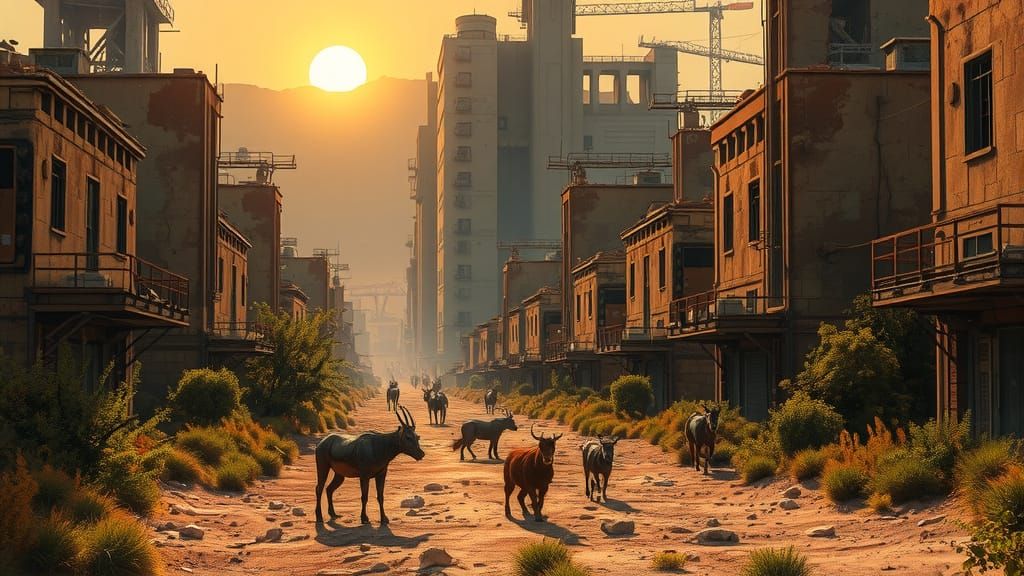Nature Reclaims City: Animals & Robots in Sunset Glow