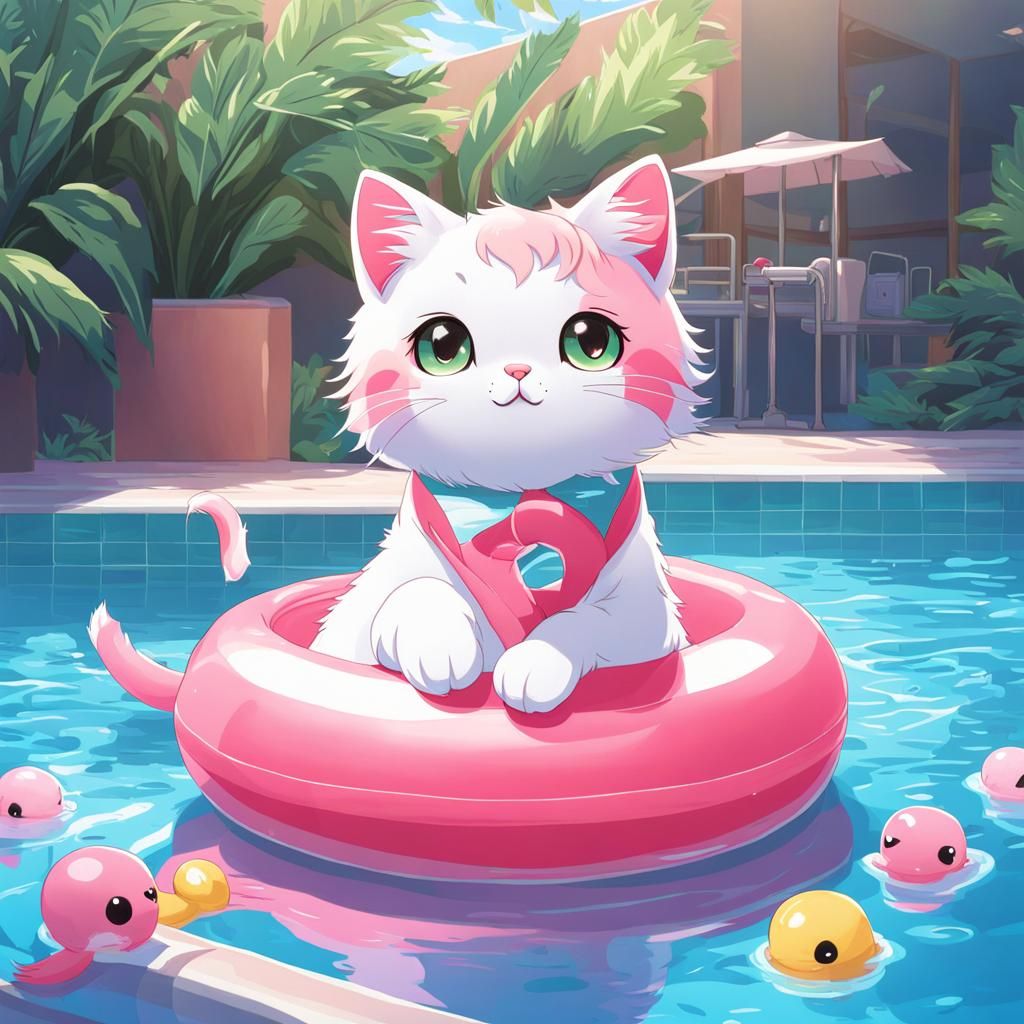 Kawaii Cat in Flamingo Tube, Anime Style
