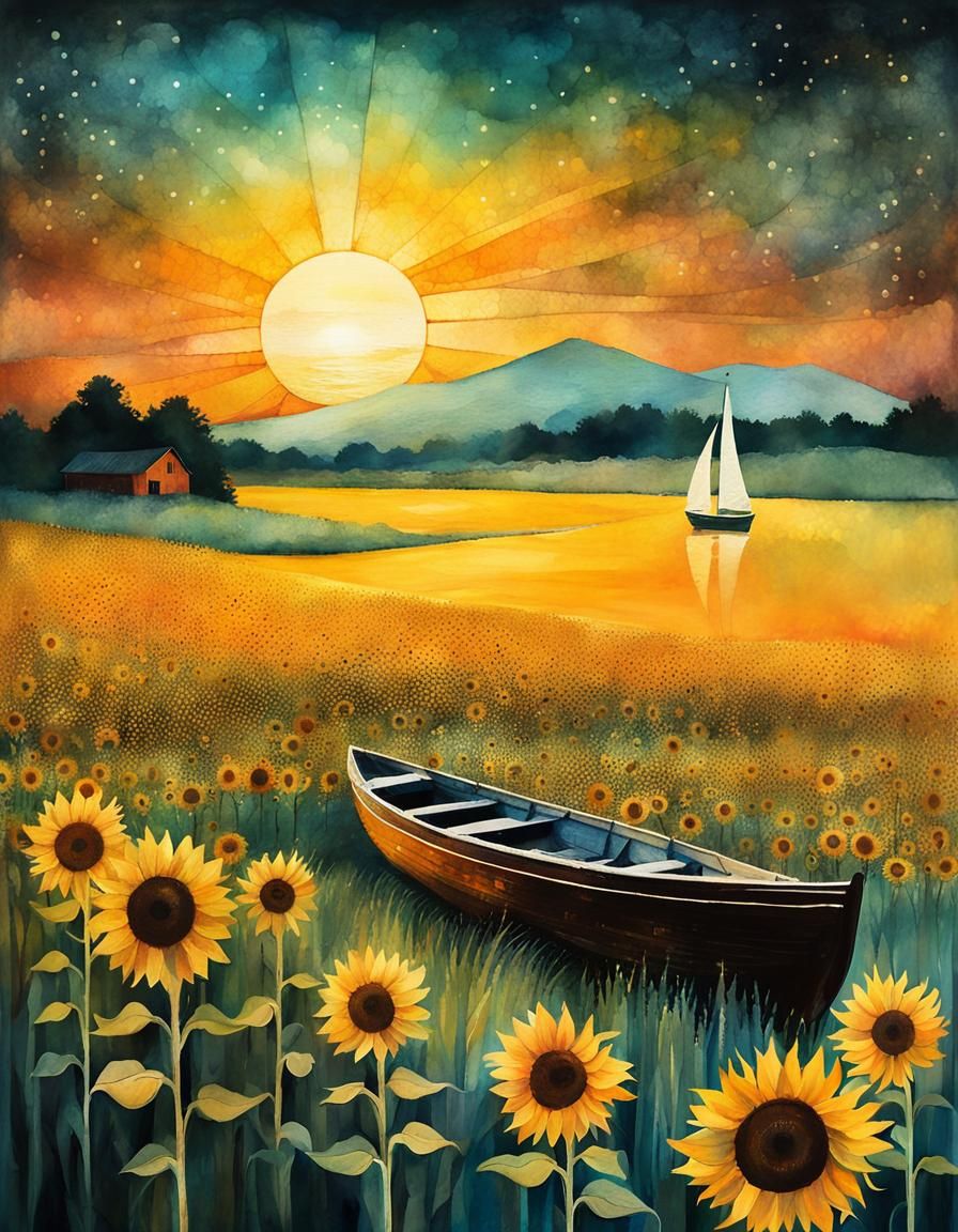 Sunflower Field Boat in Double Exposure Watercolor