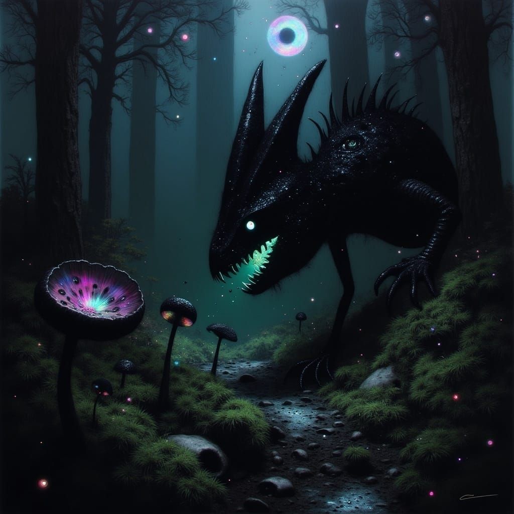 Mysterious Dark Fantasy Landscape in Cyberpunk Aesthetic